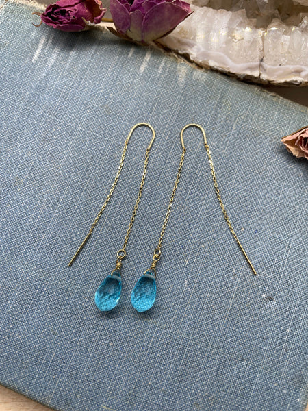 blue glass earring, gold threaders, blue threader, glass earrings, gift, gift for her, jewelry, gift for mom, gold earrings, blue teardrop