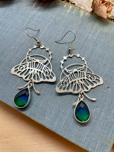 quartz luna moth, luna moth earrings, silver earrings, statement earrings, jewelry, gift, earrings, silver jewelry, gift for her, luna