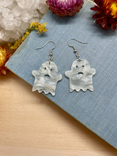 ghost earrings, ghost jewelry, ghost, cute ghost, acetate earrings, hypoallergenic, halloween, october, spooky, gift, gift for her, autumn