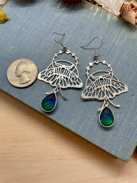 quartz luna moth, luna moth earrings, silver earrings, statement earrings, jewelry, gift, earrings, silver jewelry, gift for her, luna