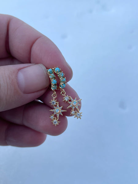 turquoise opal star huggie earrings, gold huggie earrings, star burst earrings, gold earrings, celestial, gift, gift for her, jewelry