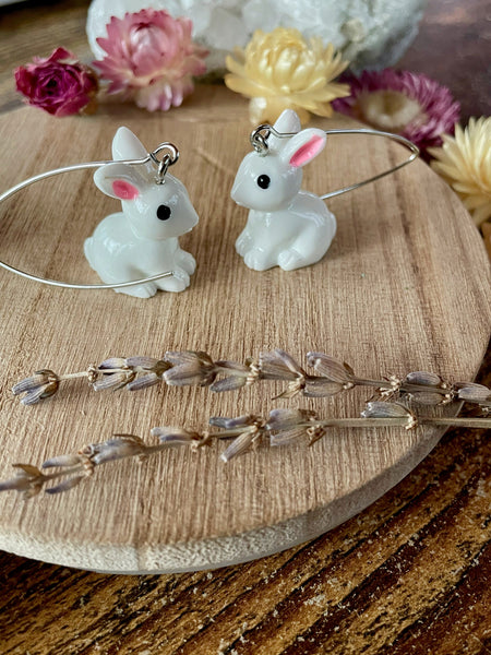 rabbit earrings, plastic earrings, bunny earrings, bunny jewelry, silver dangles, earrings, jewelry, gift, spring earrings, mother's day