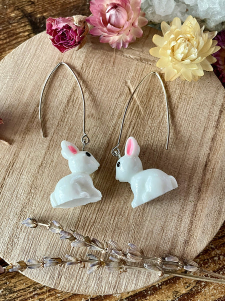 rabbit earrings, plastic earrings, bunny earrings, bunny jewelry, silver dangles, earrings, jewelry, gift, spring earrings, mother's day
