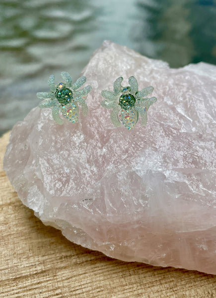 green glitter spider earrings, spider stud earrings, green earrings, gift, gift for her, stud earrings, holiday, summer, insect, spider
