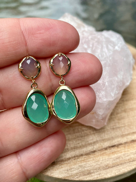 gold grey agate and aquamarine earrings, gold earrings, sterling silver, hypoallergenic, gift, small dangle earrings, holiday, jewelry, mom