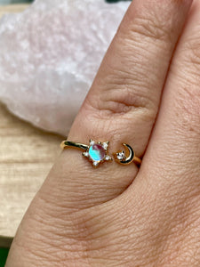 adjustable gold ring, moon and star ring, adjustable ring, gold ring, jewelry, gift, gift for her, summer jewelry, statement ring, moonstone
