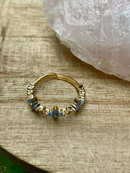 adjustable gold ring, blue floral ring, adjustable ring, gold ring, jewelry, gift, gift for her, summer jewelry, statement ring, flower ring