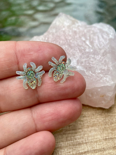 green glitter spider earrings, spider stud earrings, green earrings, gift, gift for her, stud earrings, holiday, summer, insect, spider
