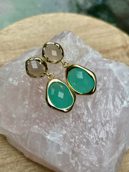 gold grey agate and aquamarine earrings, gold earrings, sterling silver, hypoallergenic, gift, small dangle earrings, holiday, jewelry, mom