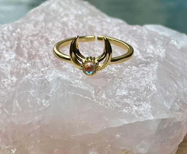 adjustable gold ring, crescent moon ring, adjustable ring, gold ring, jewelry, gift, gift for her, summer jewelry, statement ring, moonstone