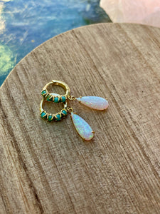 turquoise and opal gold huggie earrings, hypoallergenic, gift, gift for her, opal teardrop earrings, gold huggies, huggy, turquoise jewelry