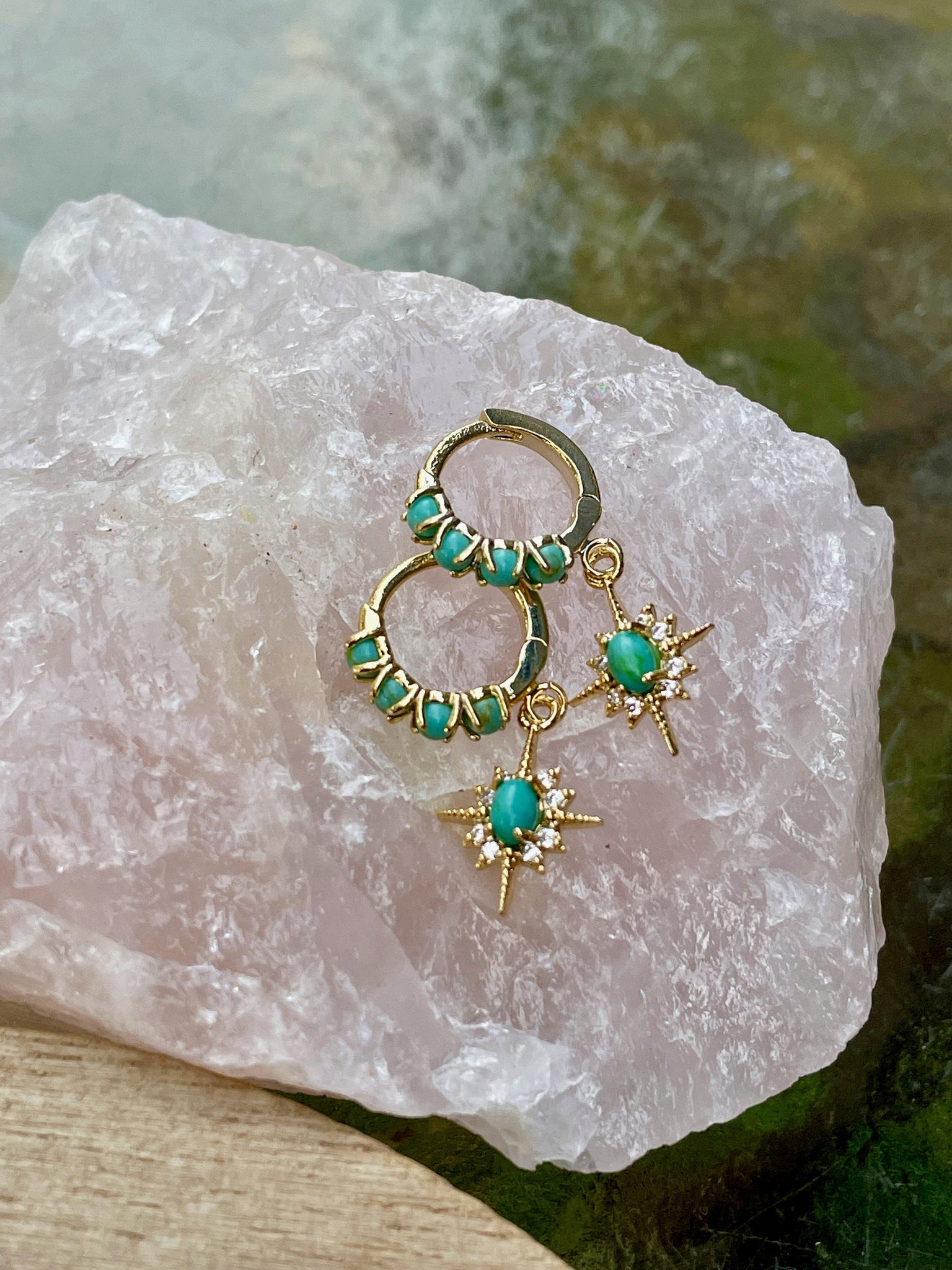 turquoise huggies, turquoise star earrings, bridesmaid earring, gift for her, sterling silver, gold hoops, holiday, christmas, star huggies