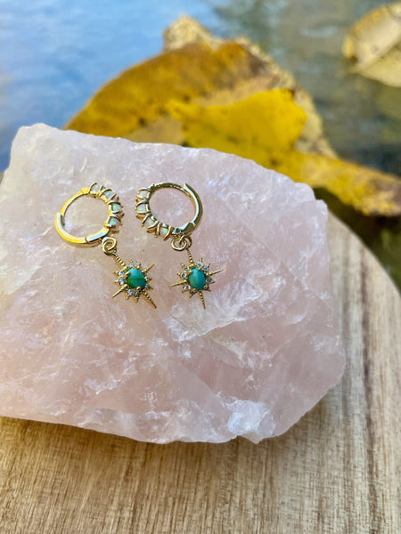 turquoise huggies, turquoise star earrings, bridesmaid earring, gift for her, opal earrings, gold hoops, holiday, christmas, star huggies
