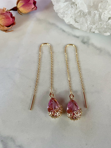 pink teardrop threader earrings, gold earrings, gold threaders, gold jewelry, teardrop earrings, pink glass, floral earrings, dangle earring