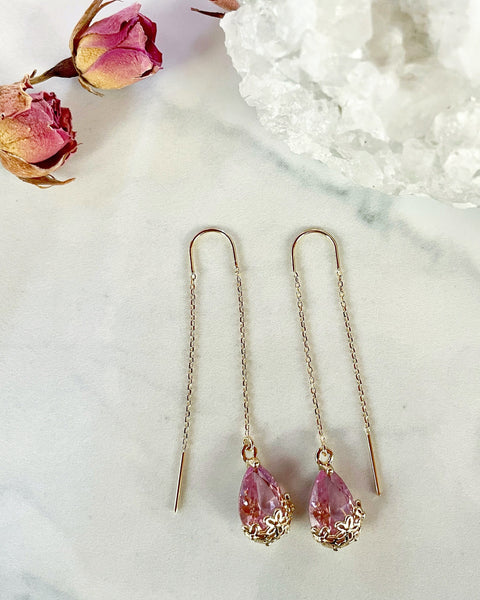 pink teardrop threader earrings, gold earrings, gold threaders, gold jewelry, teardrop earrings, pink glass, floral earrings, dangle earring