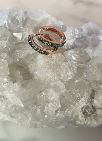 emerald rose gold huggie earrings