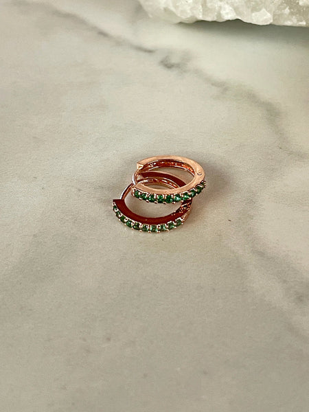 emerald rose gold huggie earrings