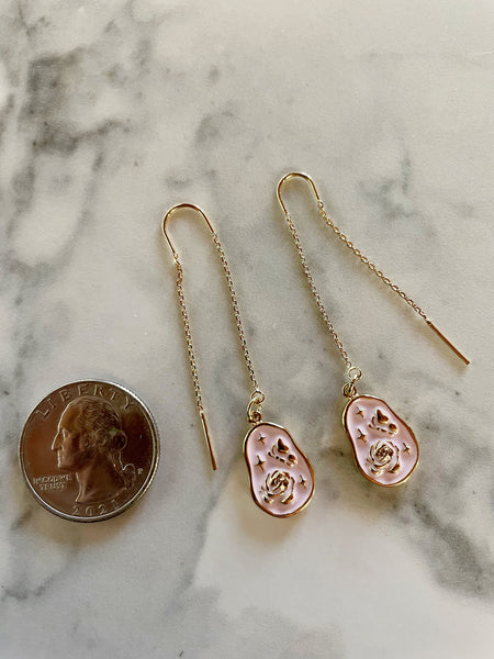 gold threader earrings, rose earrings, pink rose jewelry, gold threaders, gold jewelry, pink rose, rose earrings, valentines day, holiday