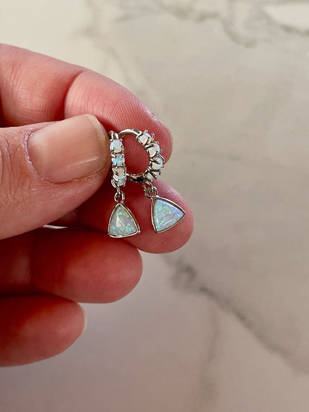 rhodium silver opal huggies, huggie earrings, silver opal earrings, triangle opal earrings, gift, gift for her, jewelry, holiday, opal
