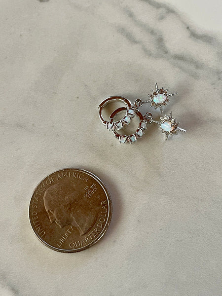 rhodium silver opal huggies, huggie earrings, silver opal earrings, opal starburst earrings, gift, gift for her, jewelry, holiday, opal