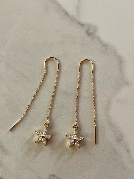 gold threader earrings, flower earring, gold earrings, threader earrings, gift, gift for her, statement earrings, statement jewelry, gold