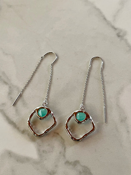 aquamarine silver threader earrings, earring, silver earrings, threader earrings, gift, gift for her, statement earrings, statement jewelry