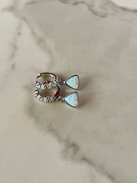 rhodium silver opal huggies, huggie earrings, silver opal earrings, triangle opal earrings, gift, gift for her, jewelry, holiday, opal