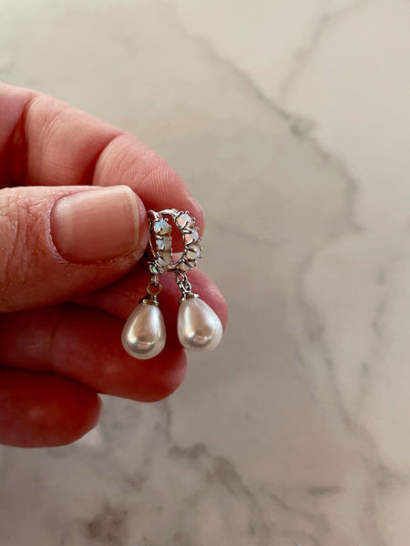 rhodium silver opal huggies, huggie earrings, silver pearl earrings, pearl opal earrings, gift, gift for her, jewelry, holiday, opal