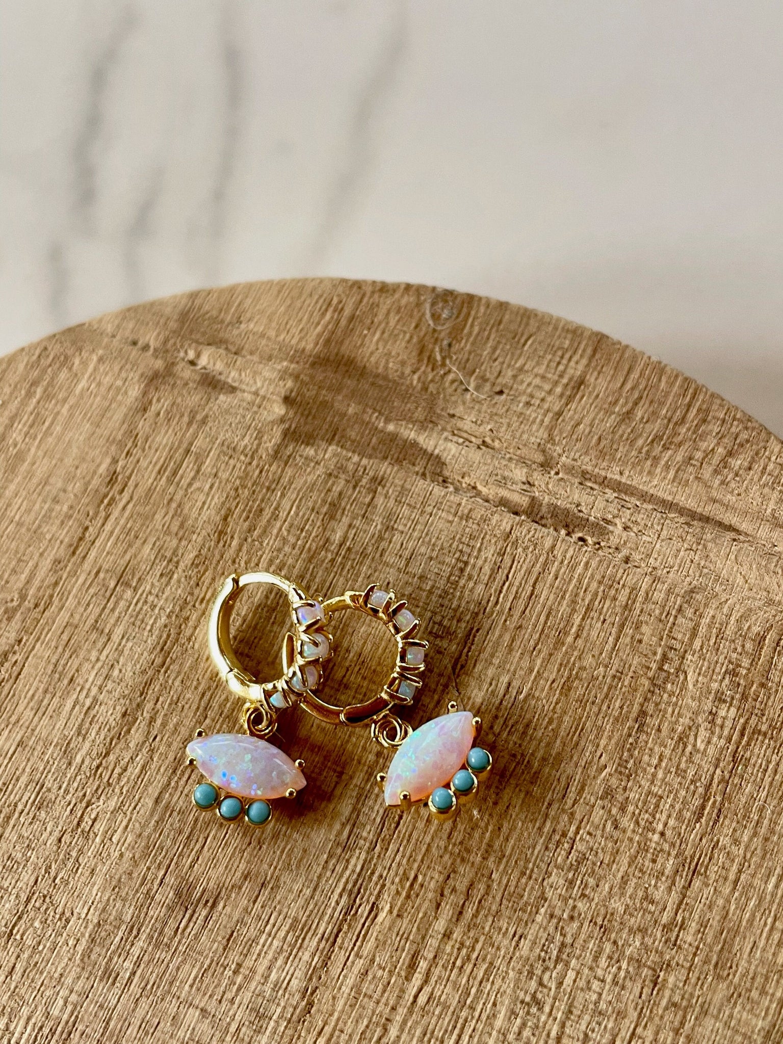 opal and turquoise huggie earrings, gold earrings, gold huggies, huggy, opal, opal birthstone, turquoise, gift, gift for her, summer jewelry