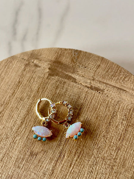 opal and turquoise huggie earrings, gold earrings, gold huggies, huggy, opal, opal birthstone, turquoise, gift, gift for her, summer jewelry