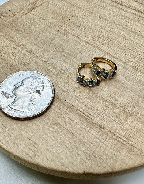 sapphire cubic zirconia gold huggie earrings, tiny gold hoops, blue hoops, sapphire earrings, earrings, jewelry, gold earrings, gift for her