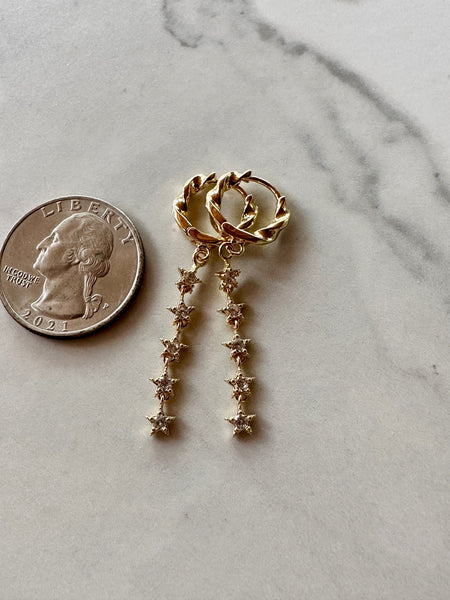 gold starburst huggie dangle earrings, gift, gift for her, gold earrings, star earrings, starburst earrings, chain earring, jewelry