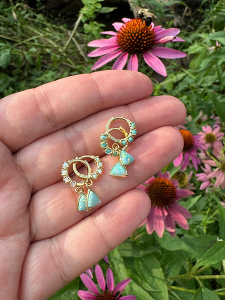 blue opal huggie earrings, turquoise huggie, opal huggie, gift, gift for her, jewelry, gold huggie, gold opal earrings, blue opal jewelry