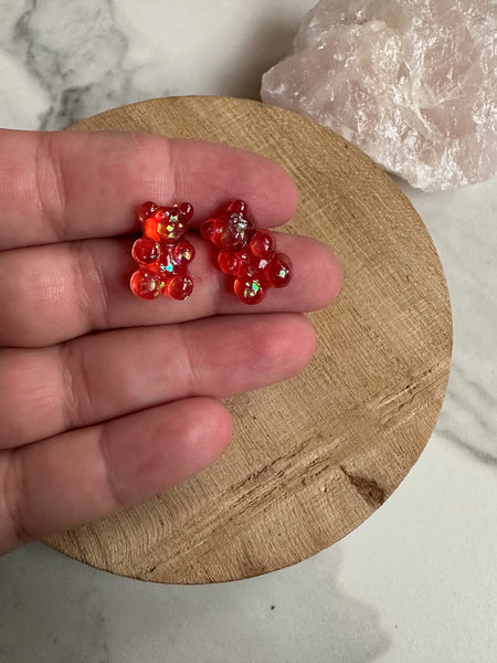 red gummy bear stud earrings, gummy bear jewelry, 90s jewelry, gift, gift for her, stud earrings, fun earrings, holiday, stocking stuffer