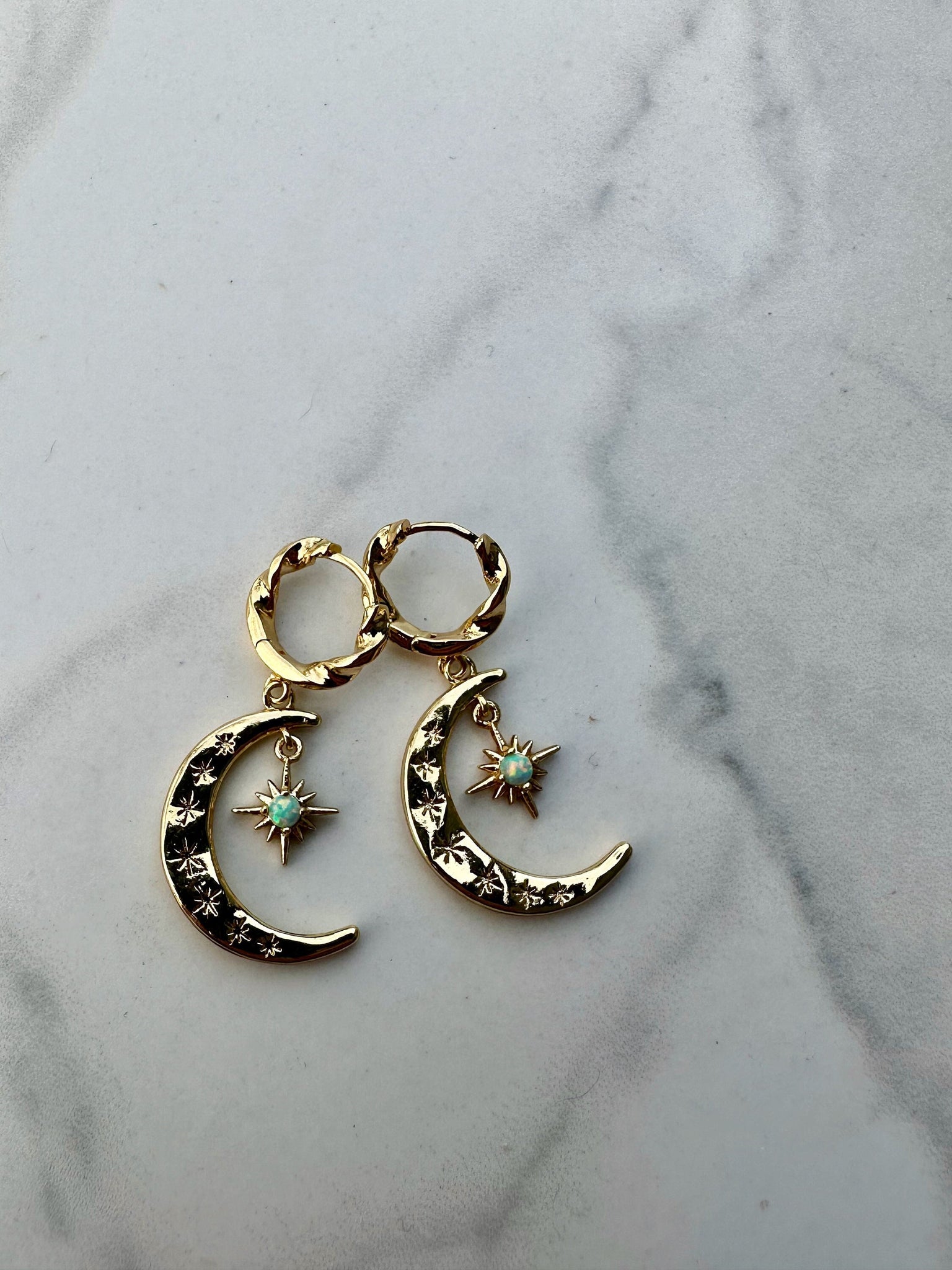 gold huggie earring, moon and star earrings, opal earrings, gold opal huggies, celestial earrings, crescent moon earring, gift, holiday