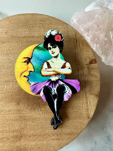 moon pin, dancer, pin, brooch, holiday, gift, gift for her, quirky pin, quirky jewelry, stocking stuffer, crescent moon, wood pin
