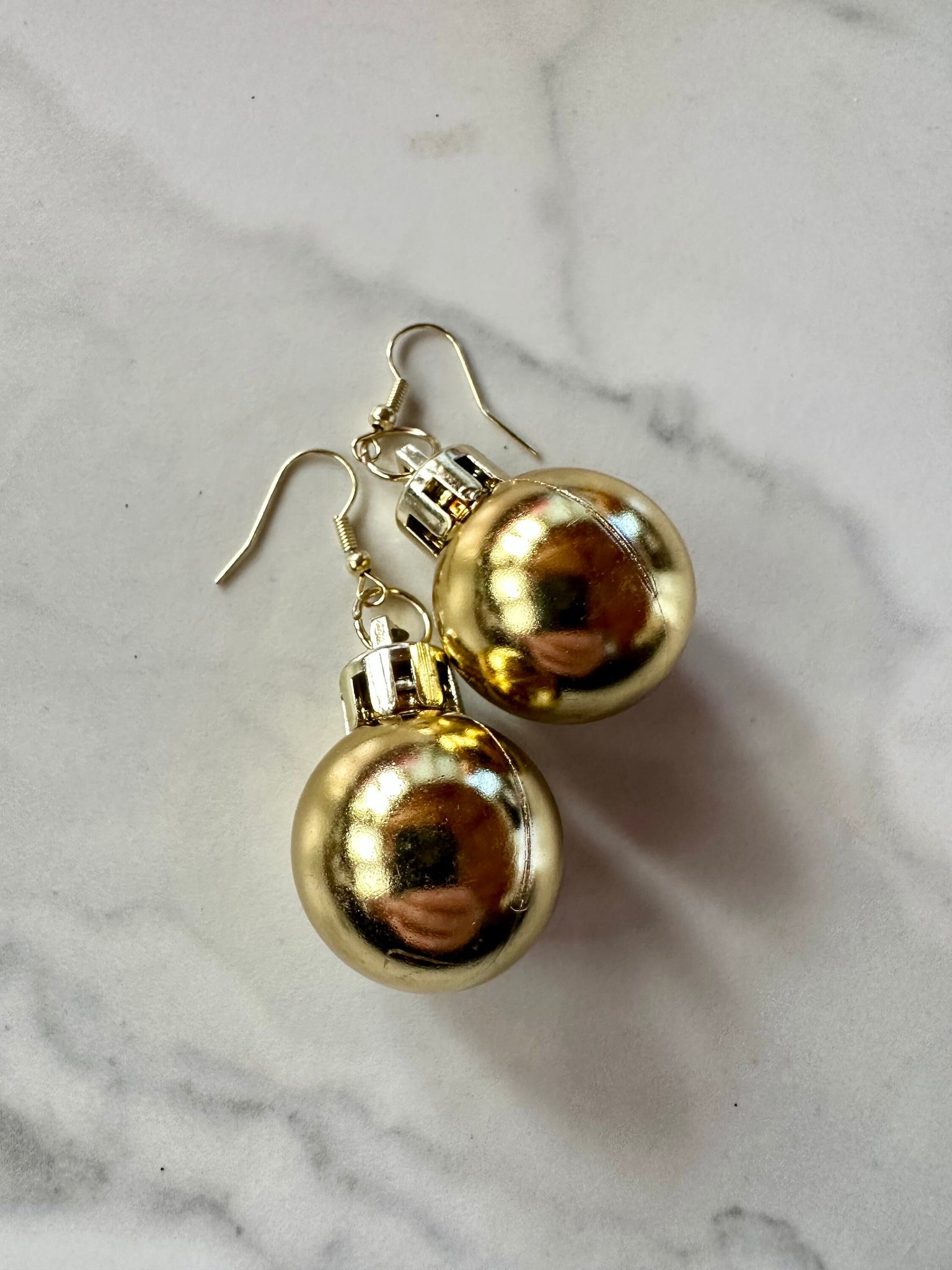 gold christmas ball, christmas earrings, christmas tree ball, gold dangle earrings, statement earrings, holiday jewelry, gift, gift for her