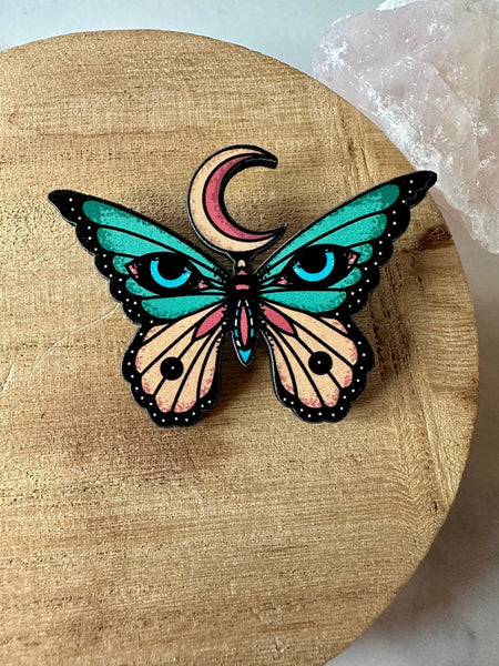 pin, brooch, jewelry, wood pin, gift, holiday, christmas, stocking stuffer, butterfly, butterfly pin, butterfly brooch, crescent moon pin