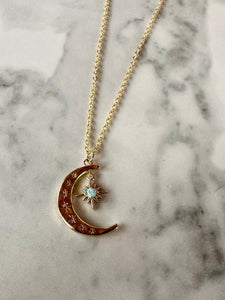 gold opal moon necklace, gold necklace, gold jewelry, opal jewelry, opal necklace, gift, gift for her, holiday, crescent moon, under 40