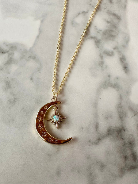 gold opal moon necklace, gold necklace, gold jewelry, opal jewelry, opal necklace, gift, gift for her, holiday, crescent moon, under 40