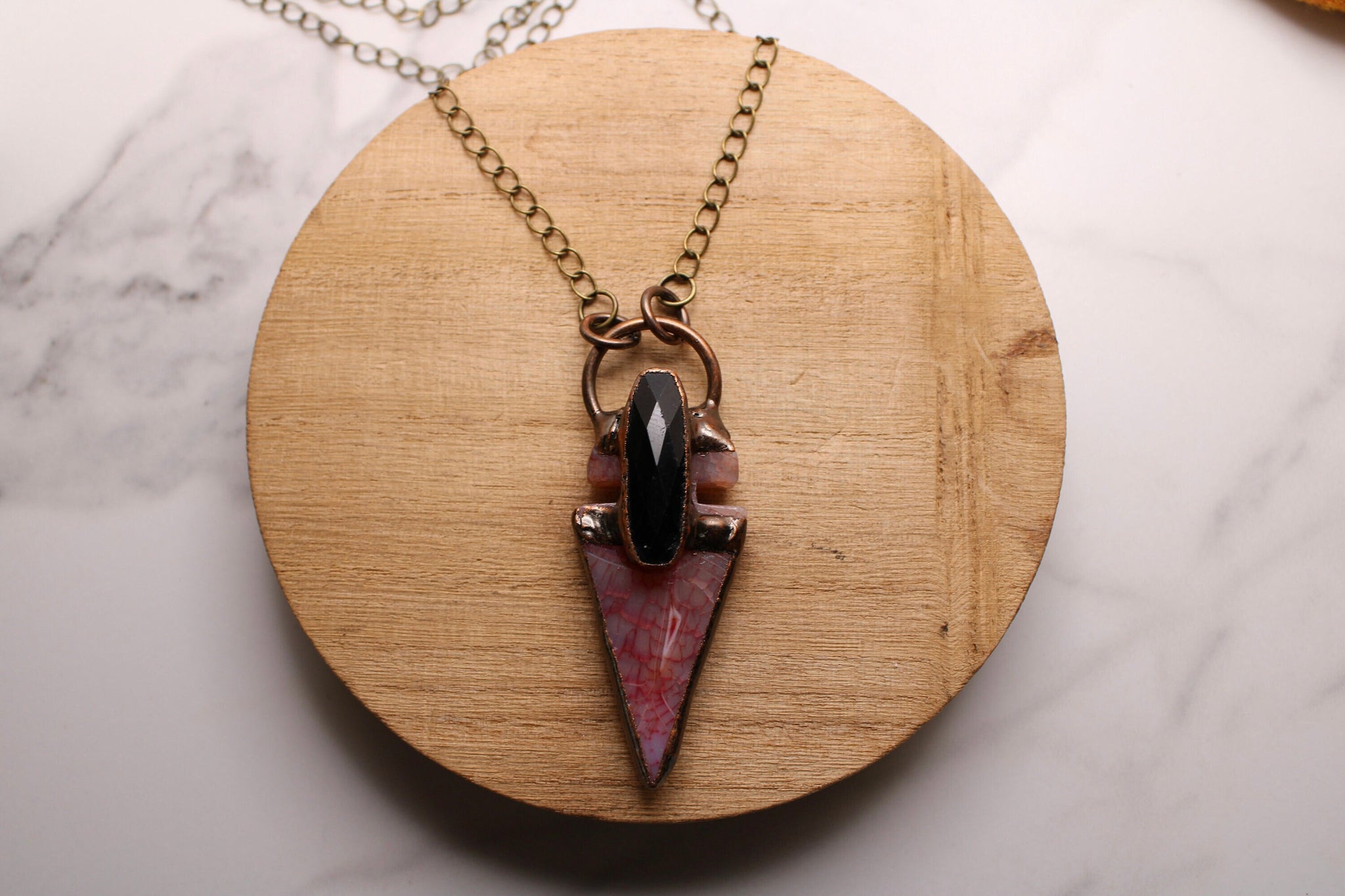 quartz statement necklace, onyx necklace, jewelry, gift, gift for her, bronze necklace, holiday, statement jewelry, gift for mom, triangle