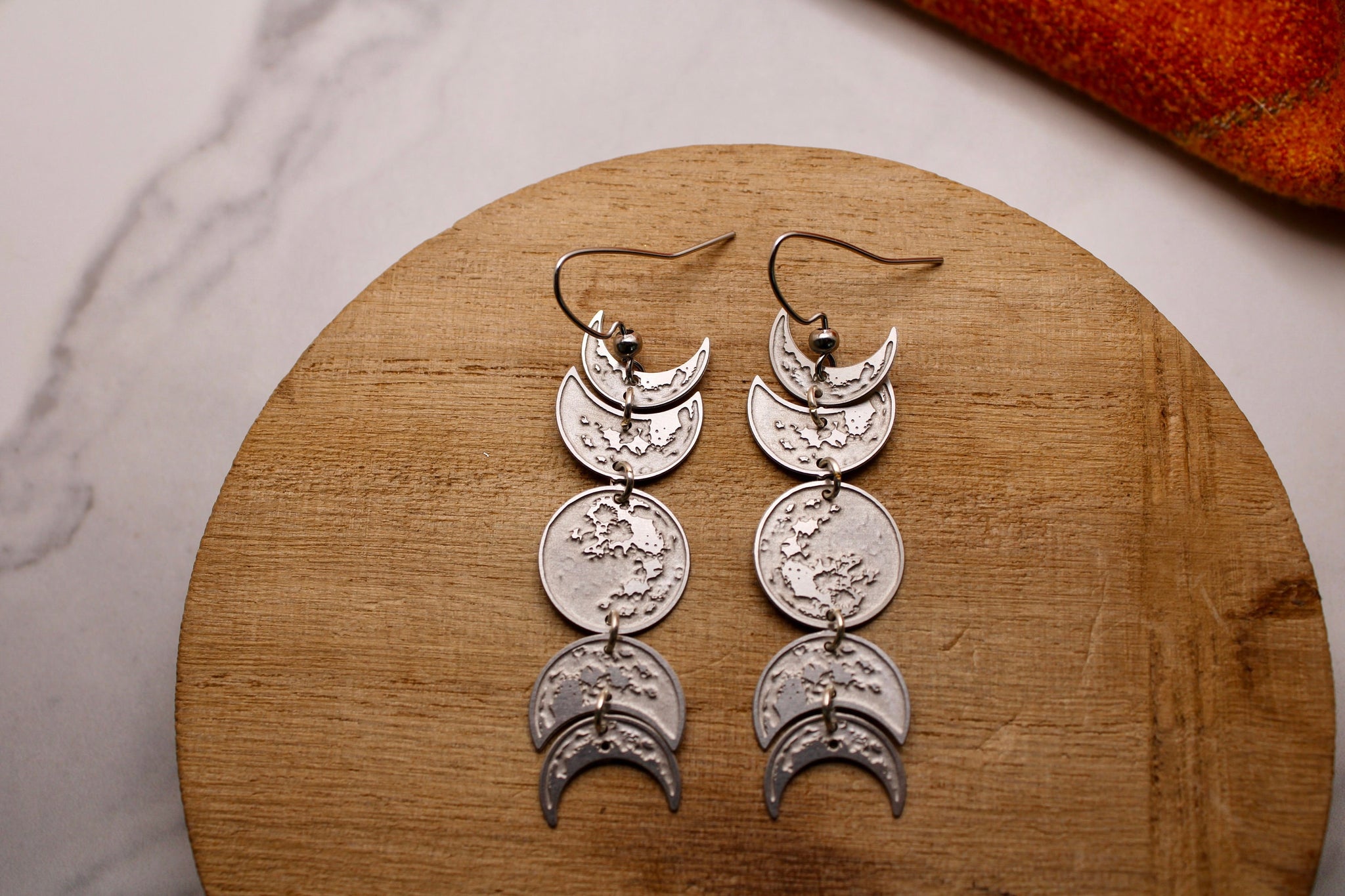 moon phase dangle earrings, silver statement earrings, long earrings, moon phase, lunar, gift, gift for her, holiday, jewelry, full moon