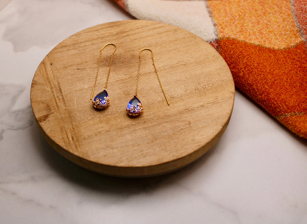 blue teardrop threader earrings, gold earrings, gold threaders, gold jewelry, teardrop earrings, blue glass, floral earrings, dangle earring