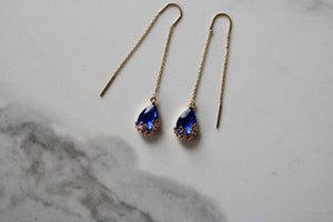 blue teardrop threader earrings, gold earrings, gold threaders, gold jewelry, teardrop earrings, blue glass, floral earrings, dangle earring