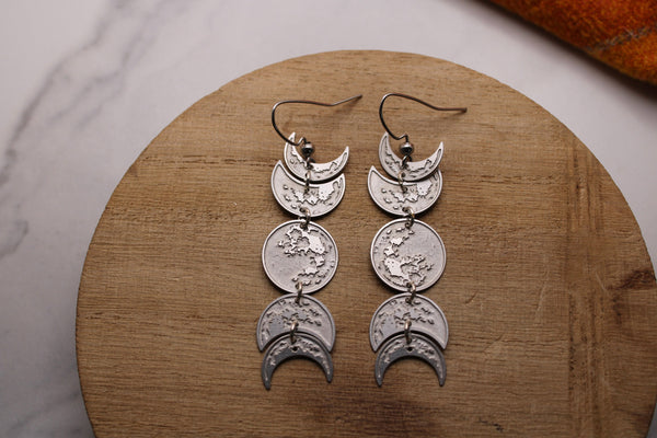 moon phase dangle earrings, silver statement earrings, long earrings, moon phase, lunar, gift, gift for her, holiday, jewelry, full moon