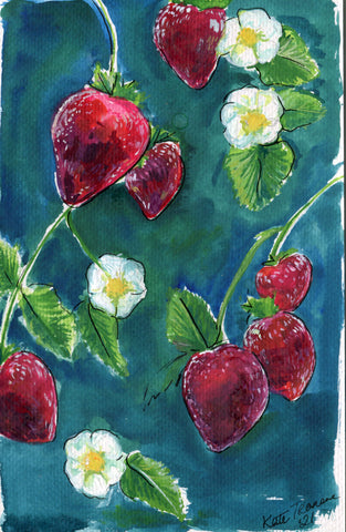Original strawberry vine watercolor painting